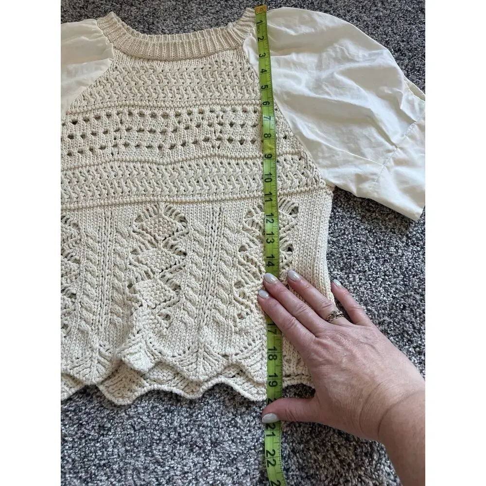 Zara Women’s Small Green Pointelle Knit Top Contrasting Puff Sleeves